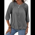 thumbnail image 1 of Camiseta de Cuello Redondo para Mujer, Blusa de Algodón de Media , Mangas 3/4, Informal, Holgada, Plisada, Básica. Gris XL, 1 of 7