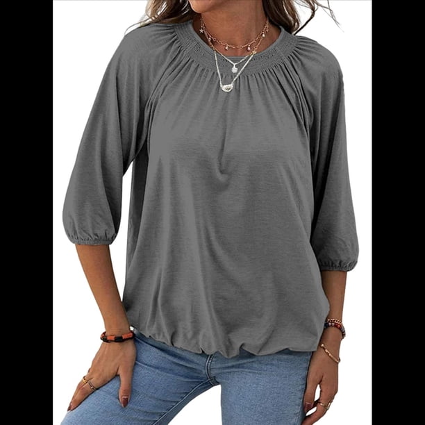 Camiseta de Cuello Redondo para Mujer, Blusa de Algodón de Media , Mangas 3/4, Informal, Holgada, Plisada, Básica. Gris XL