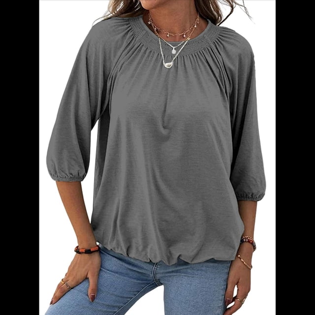 Camiseta de Cuello Redondo para Mujer, Blusa de Algodón de Media , Mangas 3/4, Informal, Holgada, Plisada, Básica. Gris XL