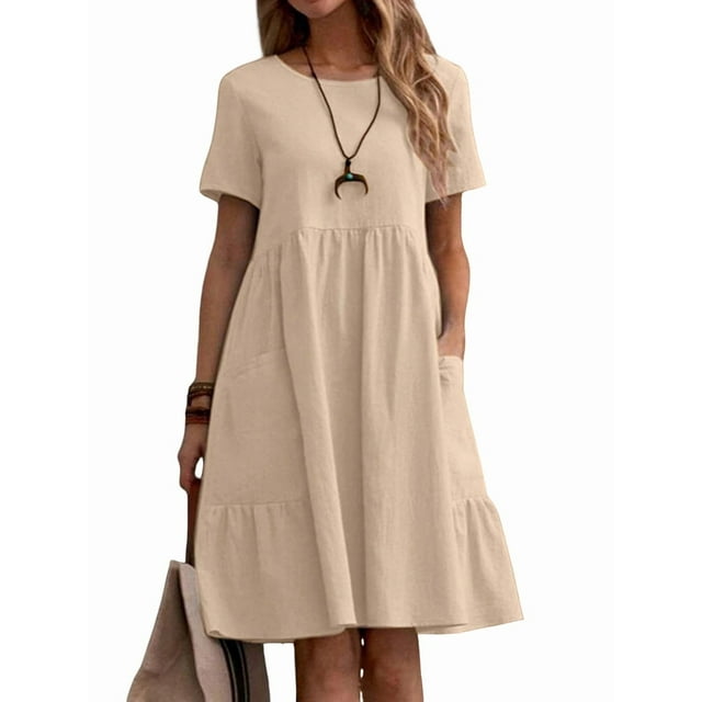 Robe T-Shirt d'Été en Coton et Lin pour Femmes, Décontractée, Coupe Ample, Col Rond, Manches Courtes, Longueur Midi, avec Poches, Abricot, P
