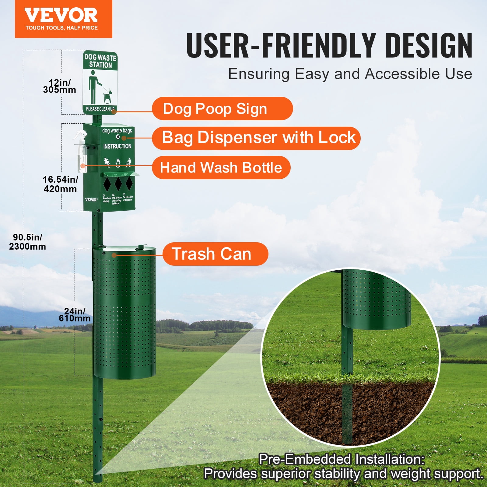 VEVOR Dog Waste Station with Hand Wash Bottle, Commercial Dog Poop Station, 11.5 Gallons Pet Waste Bin with 50 Can Liners, Bag Dispenser & 600 Waste Bags, Outdoor Dog Waste Disposal System