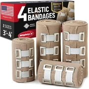 Premium Elastic Bandage Wrap - 4 Pack + 12 Extra Clips - Durable Compression Bandage (2X - 3 inch, 2X - 4 inch Rolls) Stretches up to 15ft in Length