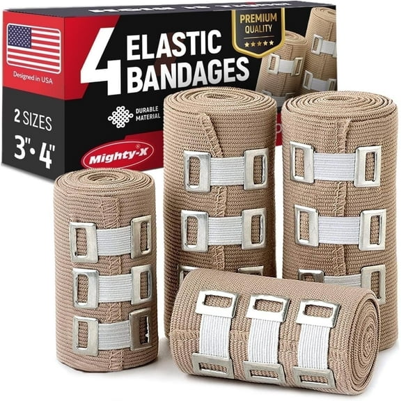 Premium Elastic Bandage Wrap - 4 Pack 12 Extra Clips - Durable Compression Bandage (2X - 3 inch, 2X - 4 inch Rolls) Stretches up to 15ft in Length