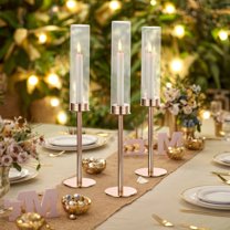 JIAN YA NA Metal Taper Candle Holders with Glass Hurricane Cover, 3 Pack Candlestick Holders Set for Wedding, Dinning, Party (Rose Gold)
