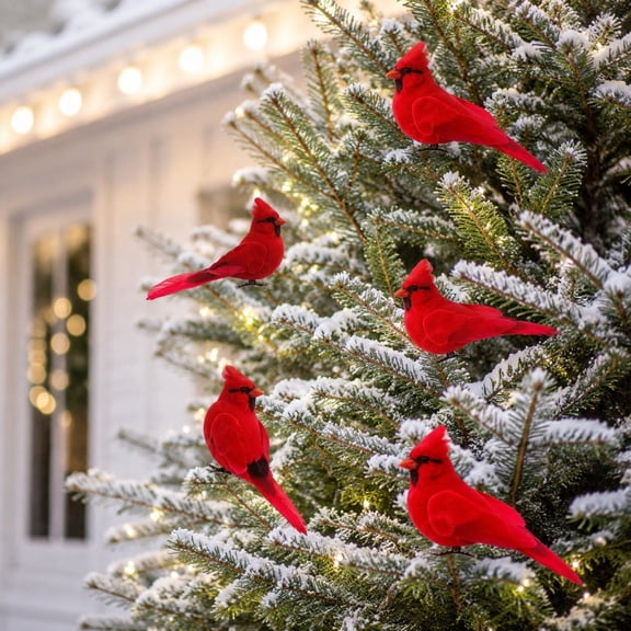 12-Pack Clip-On Artificial Red Birds for Christmas Tree and Wreath Decorations with Realistic Fabric Design for Indoor Outdoor Holiday Decor