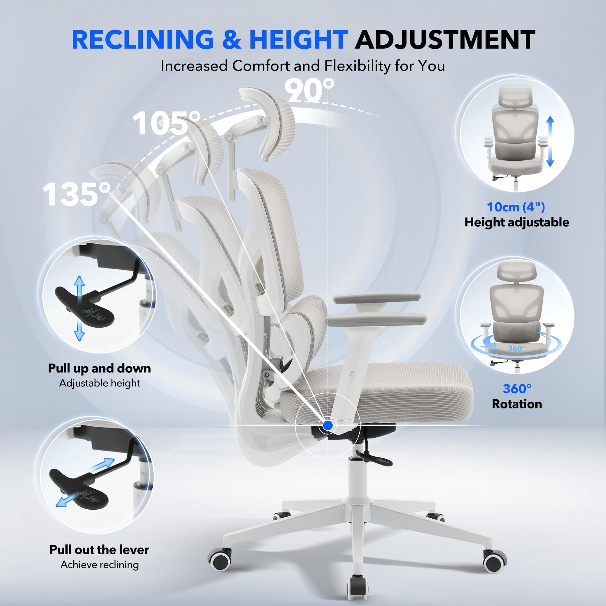 Accreate Ergonomic High-Back Mesh Office Chair – Adjustable Lumbar, 3D Armrests, Headrest & Recline – Breathable Swivel Rolling Desk Chair