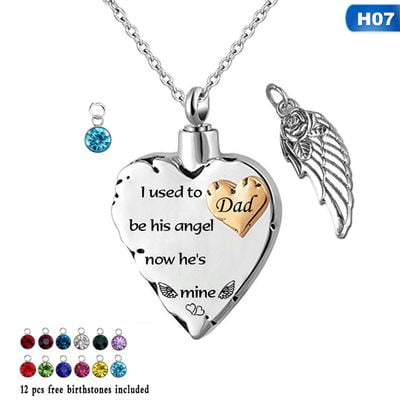 KABOER Stainless Steel Heart-Shaped Feather Gemstone Pendant Necklace Urn Lettering Necklace Commemorative Jewelry