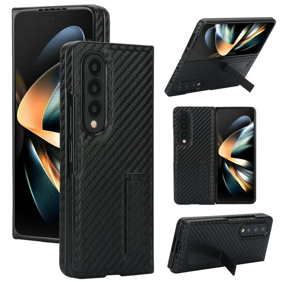 Allytechgroup Carbon Fiber Phone Case for Samsung Galaxy Z Fold 4, Slim Fit Kickstand Bumper Shockproof Protective Lightweight Back Case Cover for Women Men, Black