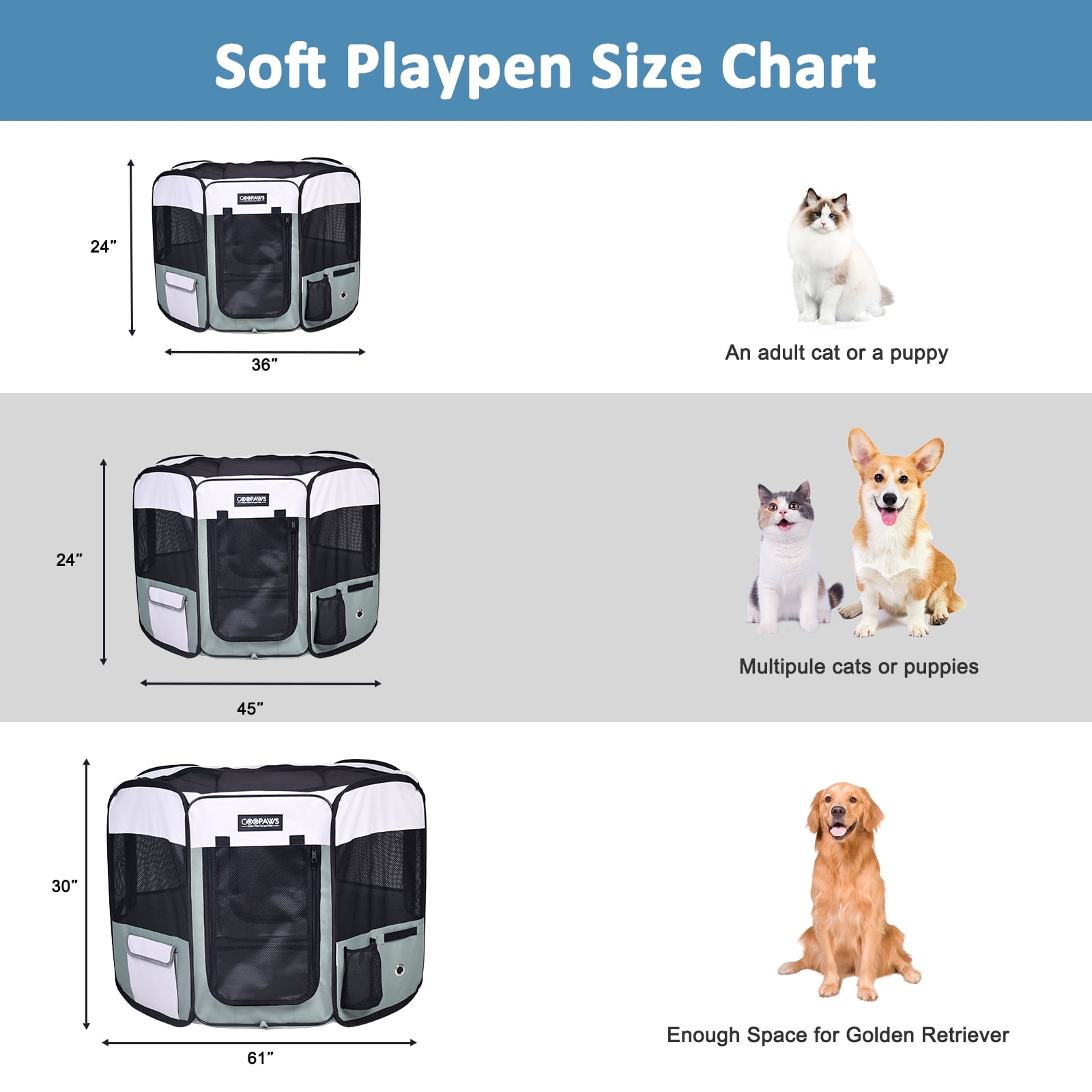 GOOPAWS Soft-Sided Pet Playpen for Indoor/Outdoor Use with Carry Bag, 36"