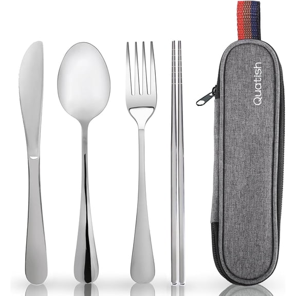 EXLEAF Travel Utensils with Case, Portable Silverware Set for Work,Stainless Steel Reusable Travel Cutlery,Fork and Spoon Set for Camping,Picnic,Gadgets,Lunch Box for Men,Christmas Gift,Silver