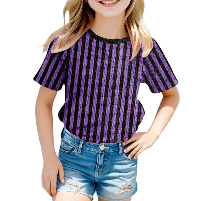 GDREDA T-Shirt Graphique à Manches Courtes Rayé de Carnaval pour Garçons, Chemise de Fête Colorée, Haut Décontracté Confortable pour Enfants, Violet,160