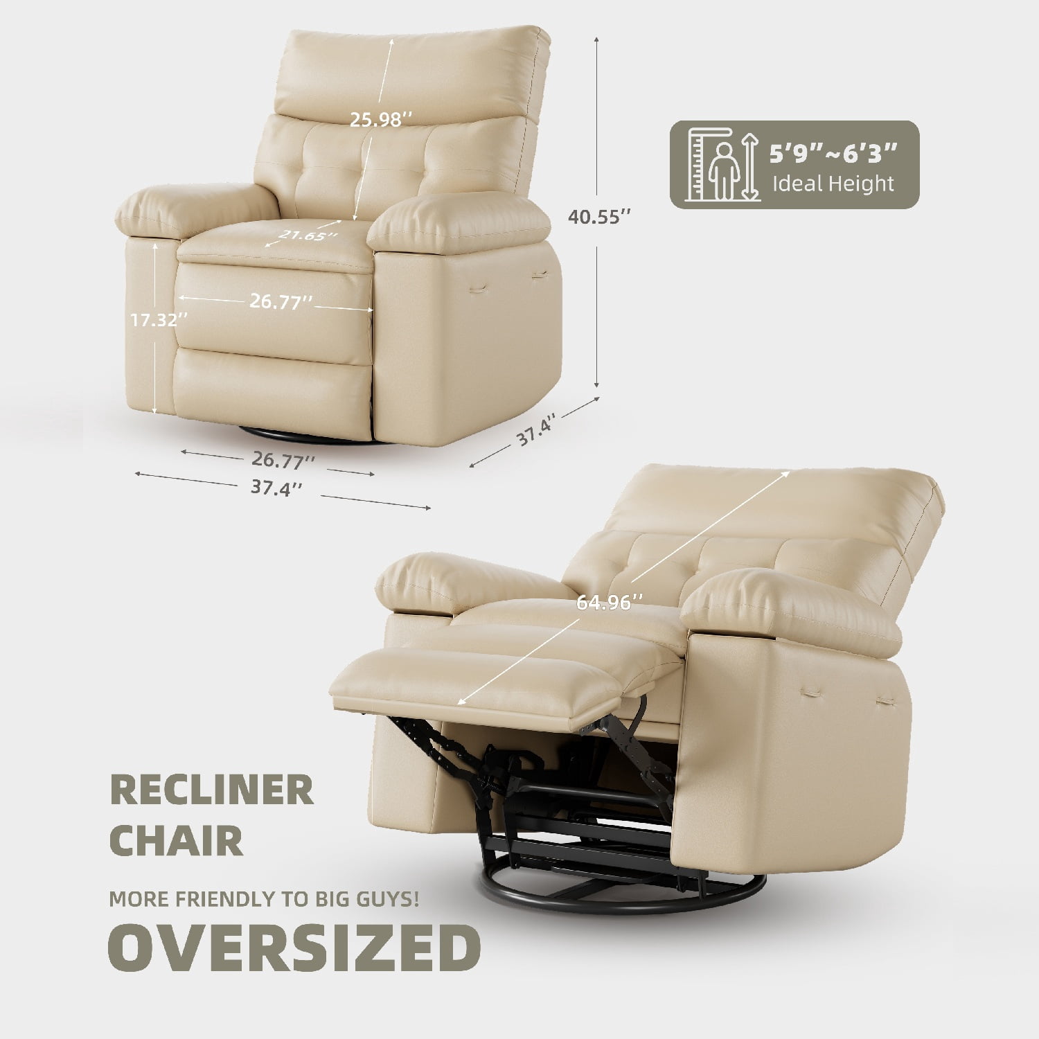 Shininglove Oversized Swivel Rocker Recliner Chair - Extra Wide PU Leather Manual Recliner with Thick Cushioning, 360° Rotation & 30° Rocking, Supports 400 lbs, for Living Room, Bedroom