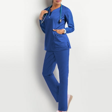 

Medcursor Women s Two-piece Worker Set Long Sleeve V-neck Solid Color Pocket Top Solid Color Trouser Casual Wokers Suit