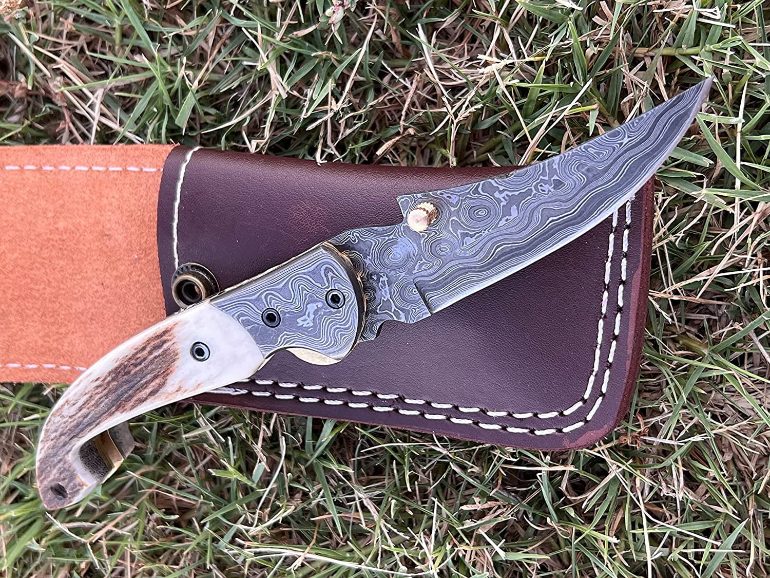 Poshland Custom Handmade 3.2" Tactical Knife with Damascus Steel Stag Horn Handle