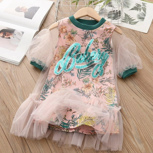 Vestido de encaje con estampado de flores y purpurina para niña, vestido de media manga con forro de algodón, 3, 4, 5, 6, 8, 10 y 12 años, 2023