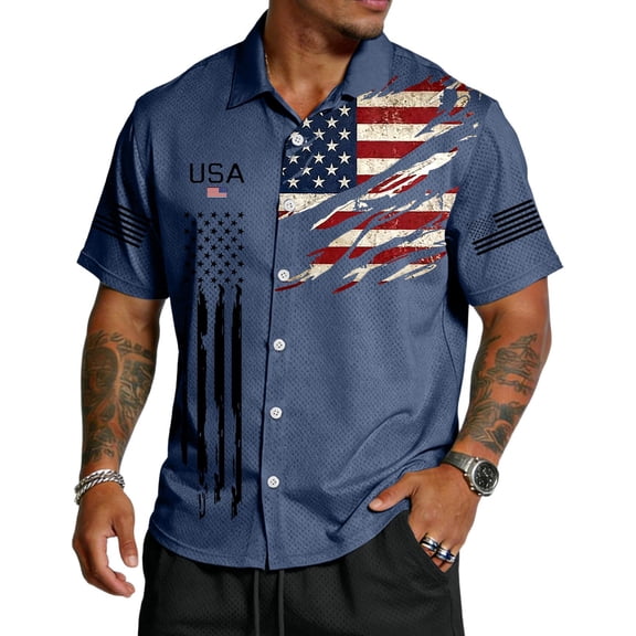 GrmtClth Usa Flag Print Shirts for Men Patriotic 250th Anniversary for 1776-2026 Top Lightweight Button Down Tee Trendy Short Sleeves Collared Clothes Royal Blue XL
