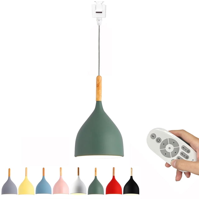 FSLiving TX Control Smart LED Dimmable Bulbs J-Type Track Light Pendants Restaurant Modern Wood Socket Macarons Green Shade Nordic Style, Juno Track Mounted for Kitchen Island Bar Counter, 1 Light