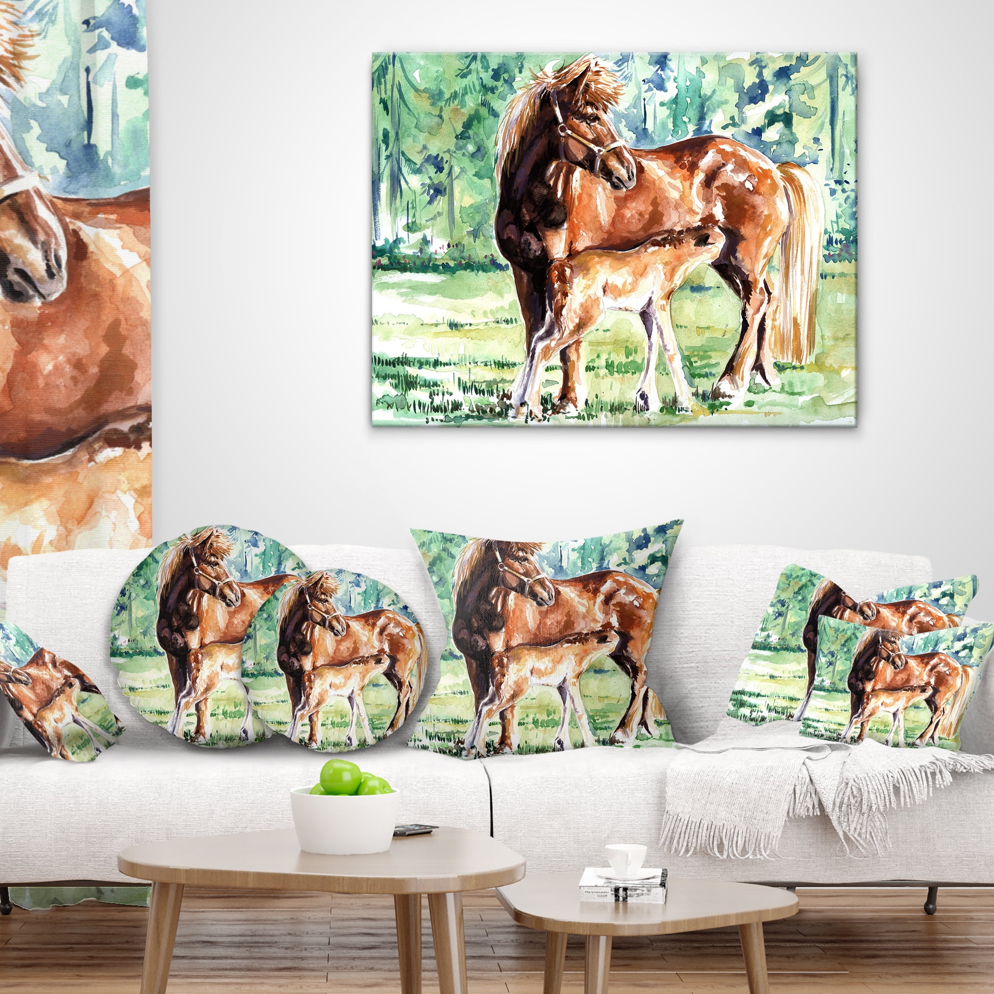 Designart Mare and Foal Watercolor - Abstract Throw Pillow - 18x18