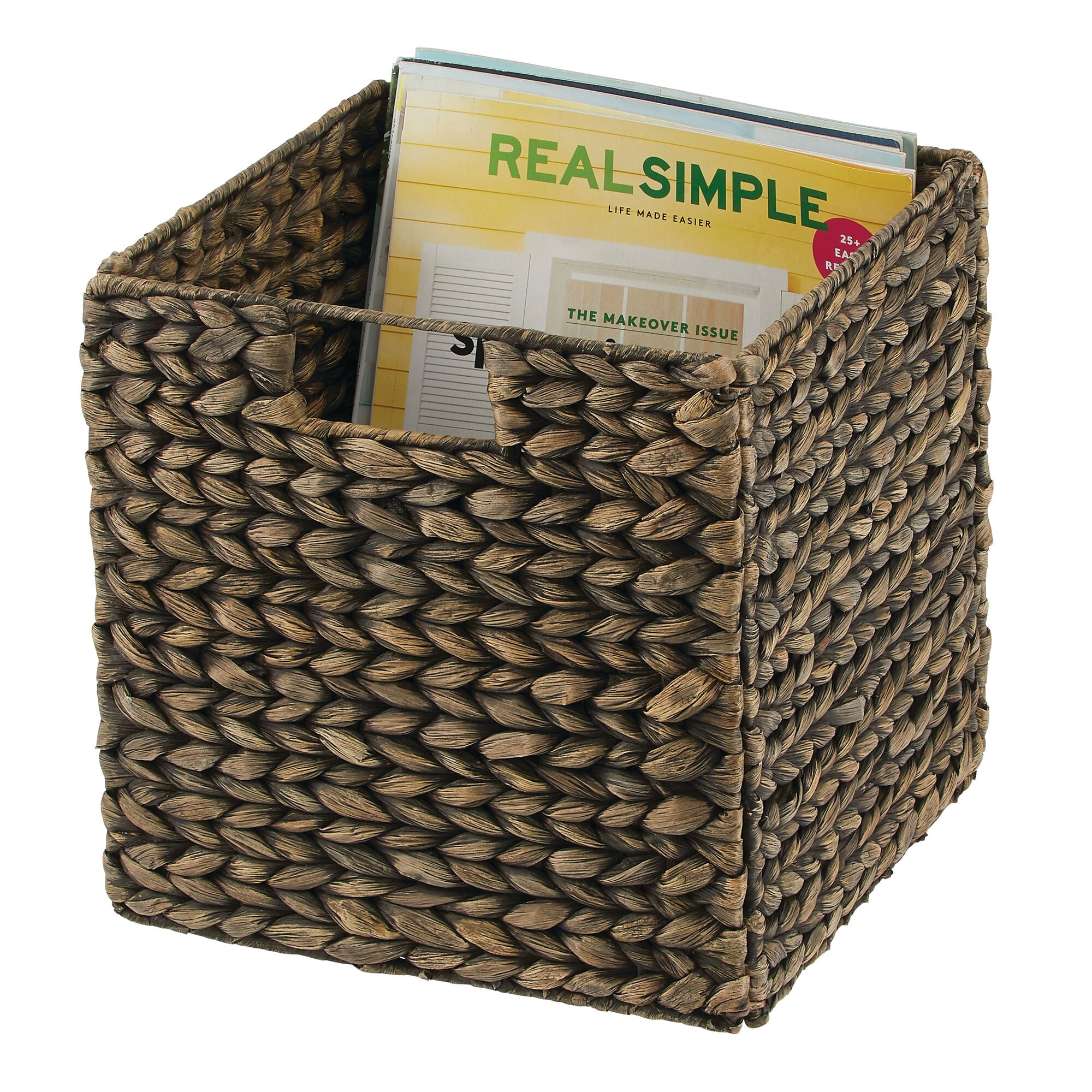 mDesign Hyacinth Woven Cube Bin Basket Organizer, Handles, 2 Pack, Black Wash