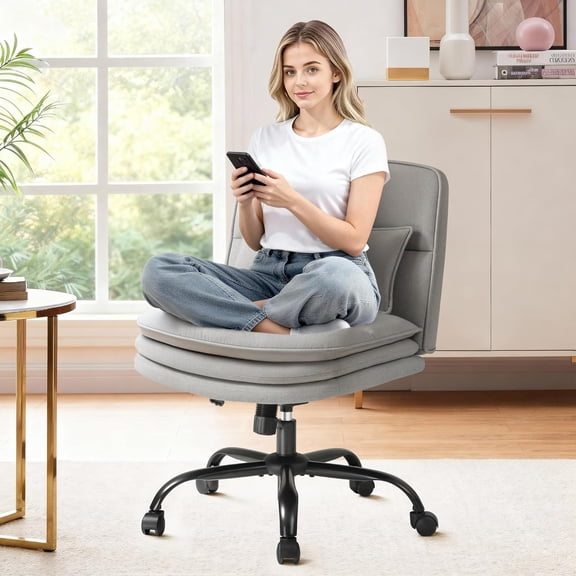 JessieMal Criss Cross Legged Office Chair with Wheels, Armless Extra Wide Seat Swivel Desk Chair, Adjustable Height Comfy Task Chair with Thick Cushion for Home Office Bedroom Vanity (Fabric, Grey)
