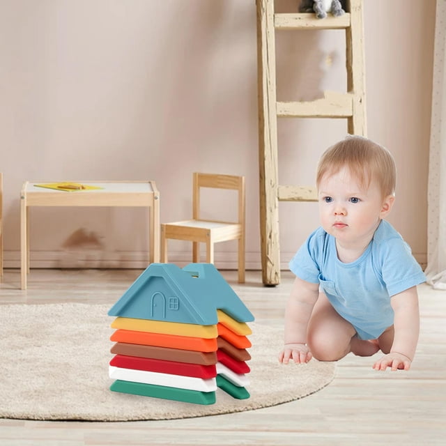 Montessori Silicone Stacking Toys Educational Toys Rainbow Stacker Teether Rainbow Stacking Blocks Soft Building Toys for Children baby Azul