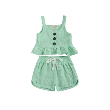 

Canrulo Summer Cute Kids Girls Clothes Sets 4 Colors Solid Strapless Button Ruffles Vest Tops Elastic Shorts Green 6-12 Months