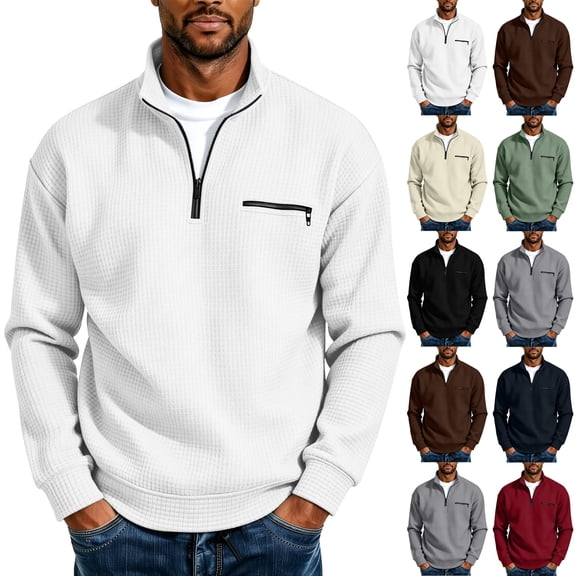 Fall Sweatshirts for Men Solid Color Waffle Knit Sweater Loose Casual Half-Zip Stand Collar Long Sleeve Shirt Pullover for Fall and Winter