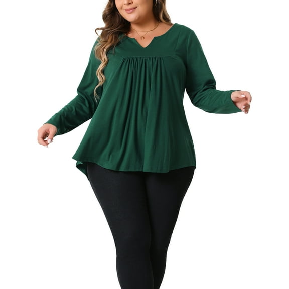DARING DIVA Women's Plus Tops Notched Neck Front Pleated T-Shirt Blouses 1X Dark Green