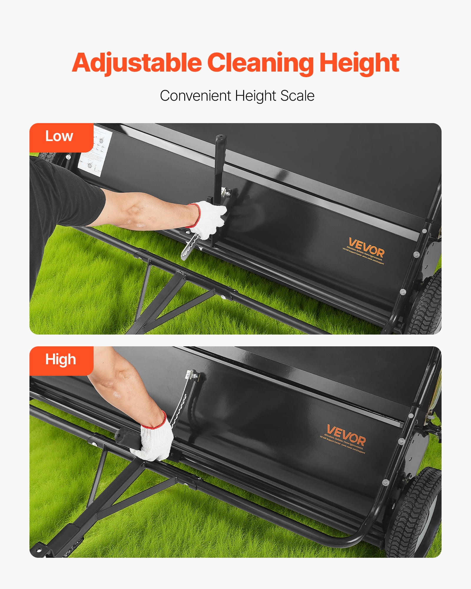 VEVOR Tow Behind Lawn Sweeper, 48 in Pull Behind Yard Sweeper, 26 Cu. ft Hopper Bag Capacity, Leaf & Grass Collector with Dumping Rope, Adjustable Sweeping Height, Garden Sweepers for Lawn Farm