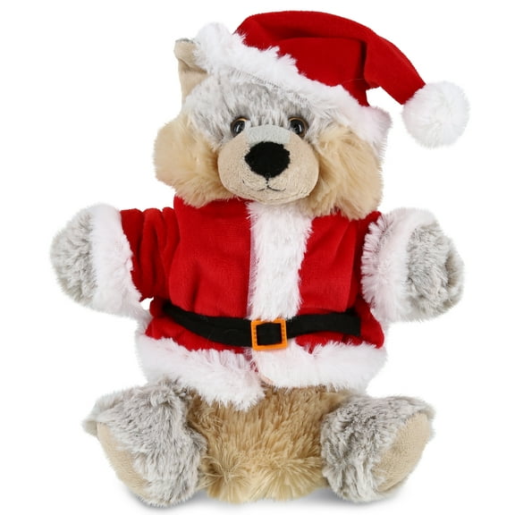 DolliBu Santa Wolf Stuffed Animal Plush Hand Puppet - Super Soft Wild Animal Dress Up with Red Santa Claus Outfit, Cute Holiday Christmas Gift - 8.5 Inches