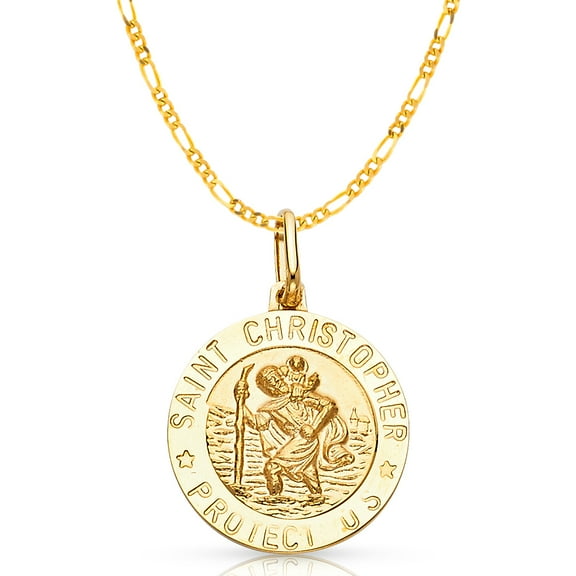 Ioka-14K Yellow Gold St. Christopher Protect Us Charm Pendant with 1.9mm Figaro 3 1 Chain Necklace - 16"