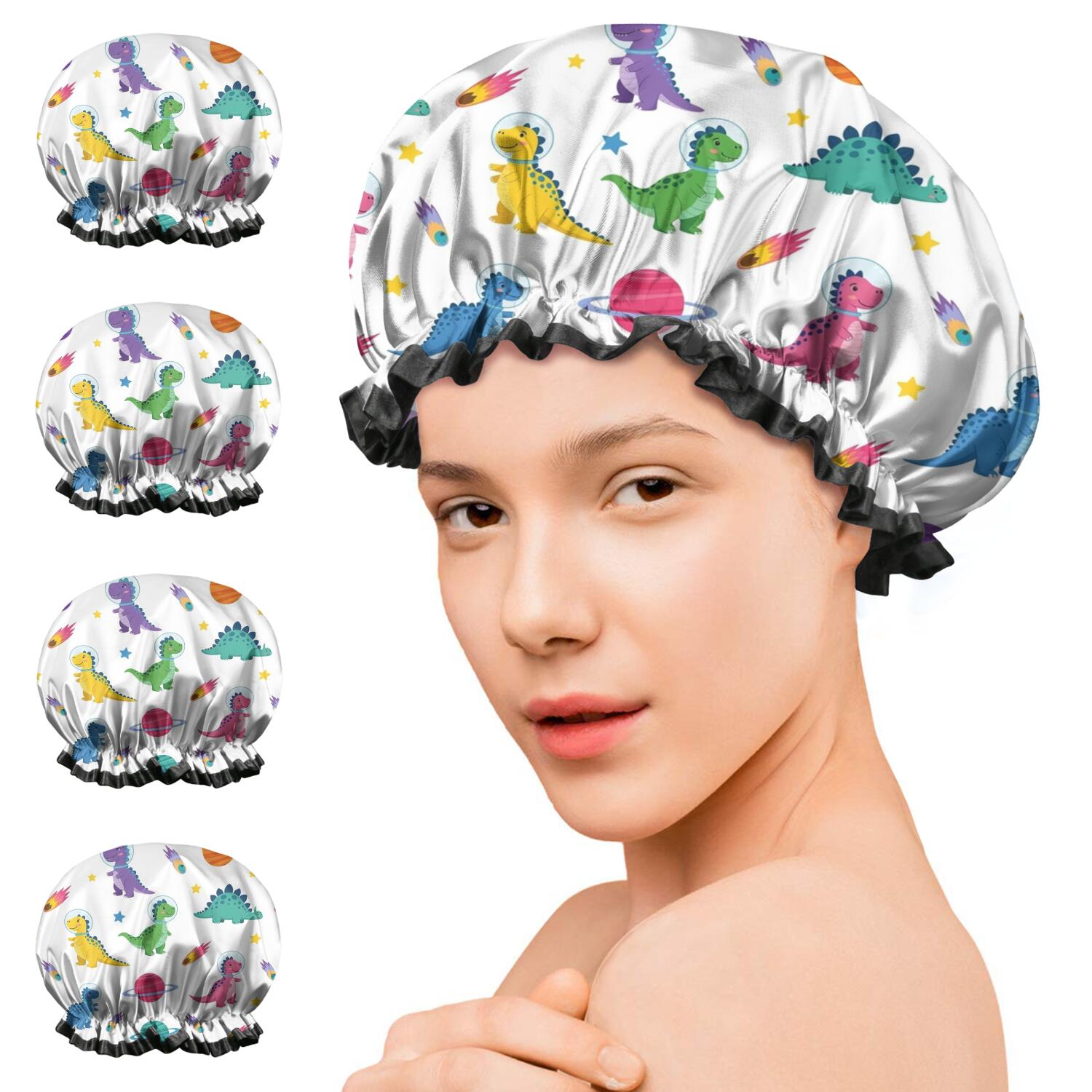 Shower Caps,White Dinosaurs Space Pattern Waterproof Shower Cap for Women 4 Pieces,Double Reusable Hair Cover for Shower PEVA Elastic Stretch Hem