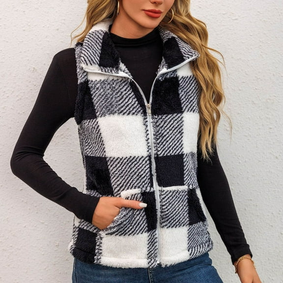 Aueoeo Women's Plaid Printed Vests Full Zipper Stand Collar Fall Winter Pullover Sleeveless Fashion Sweater