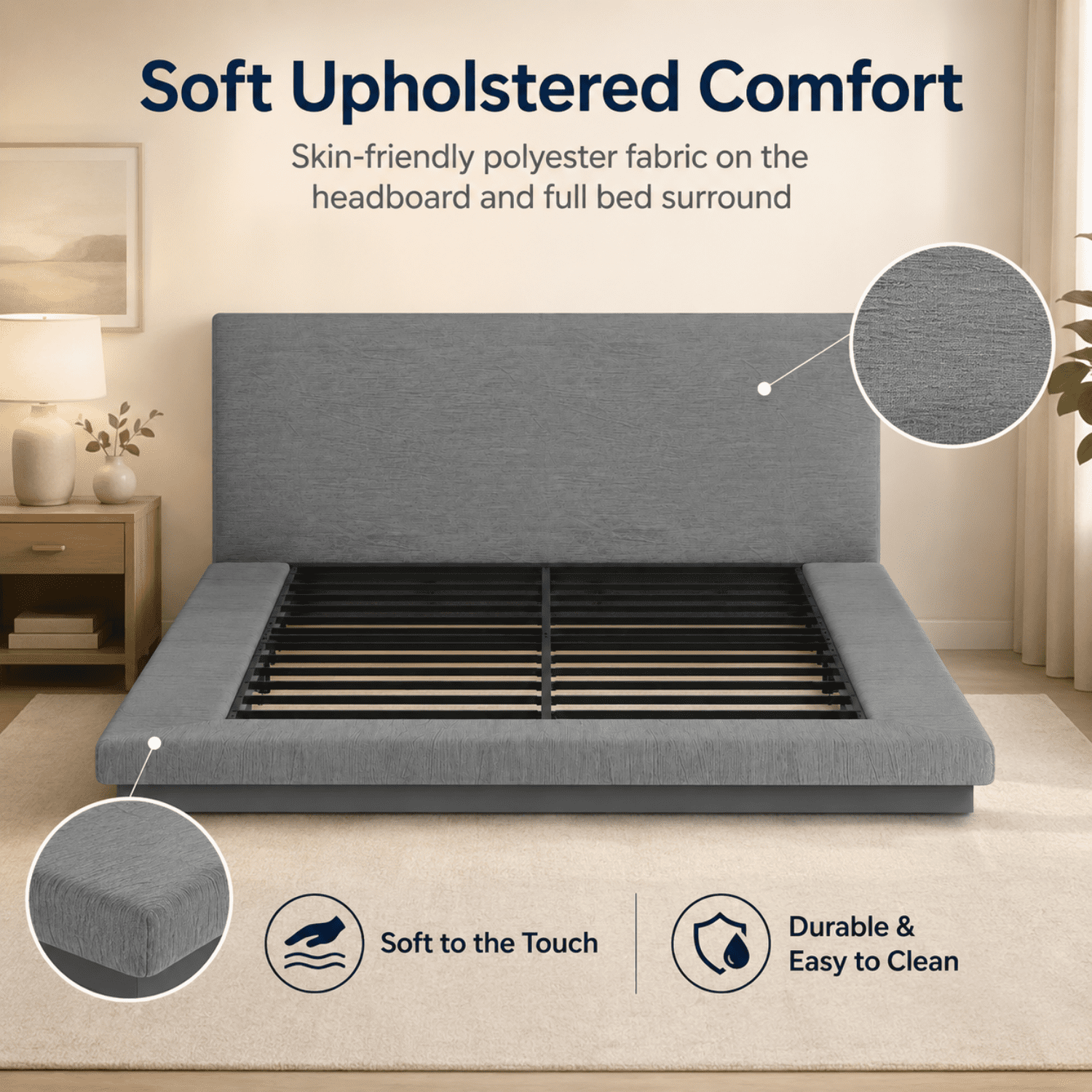 Miniyam Queen Modern Upholstered Platform Bed Frame with Padded Headboard, Floating Style Bed with Metal Slat Support, Gray