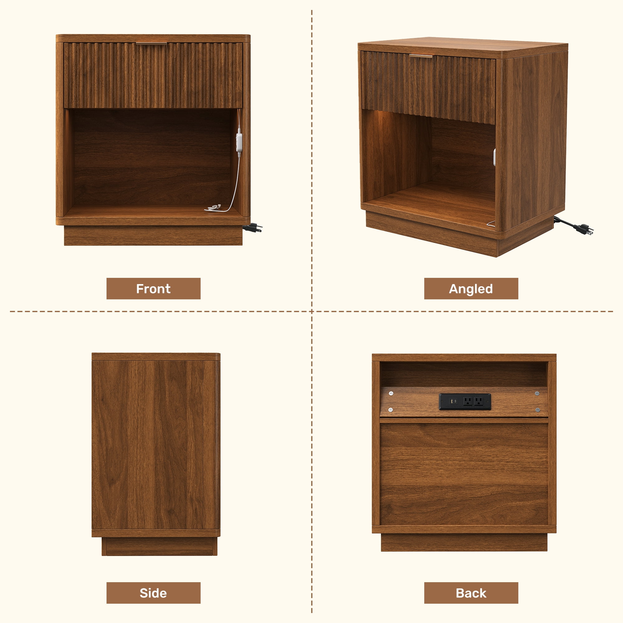 MOONMISS Wooden Nightstand Set of 2,with Drawer,USB Charging and LED Light,Walnut
