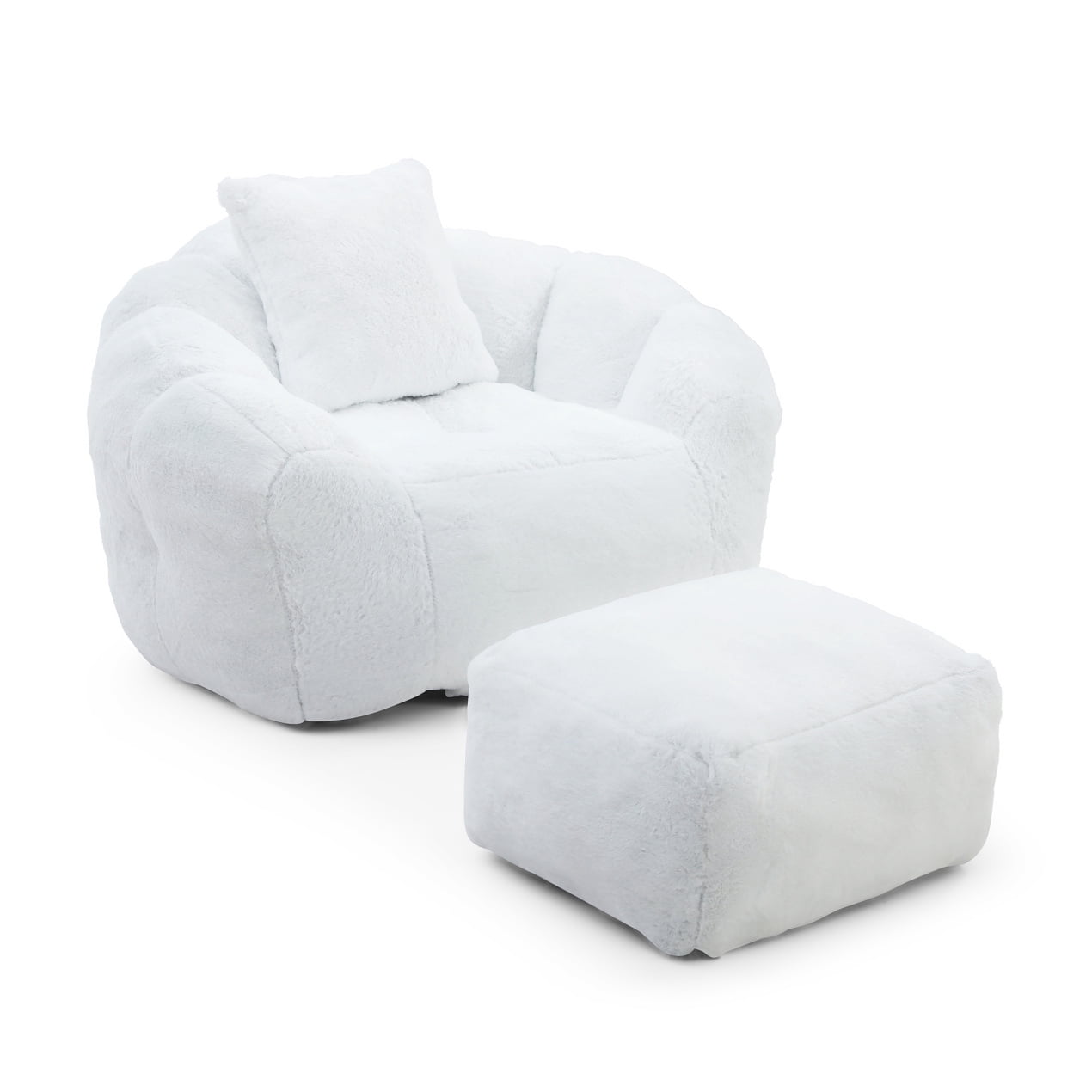 Oversized Bean Bag Chair for Adults, Chaise Lounge Chair Indoor with Ottoman and Pillow, Faux Fur Accent Chair for Bedroom, Living Room, Apartment, White