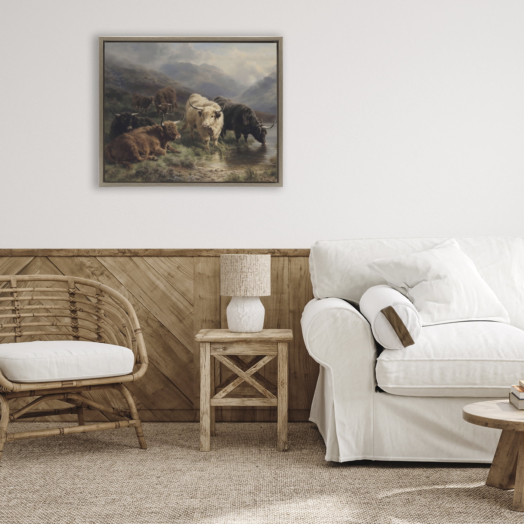 Stupell Industries Highland Cows Beside Misty Loch Brown Framed Floater Canvas Wall Art, design by Arlington Prints