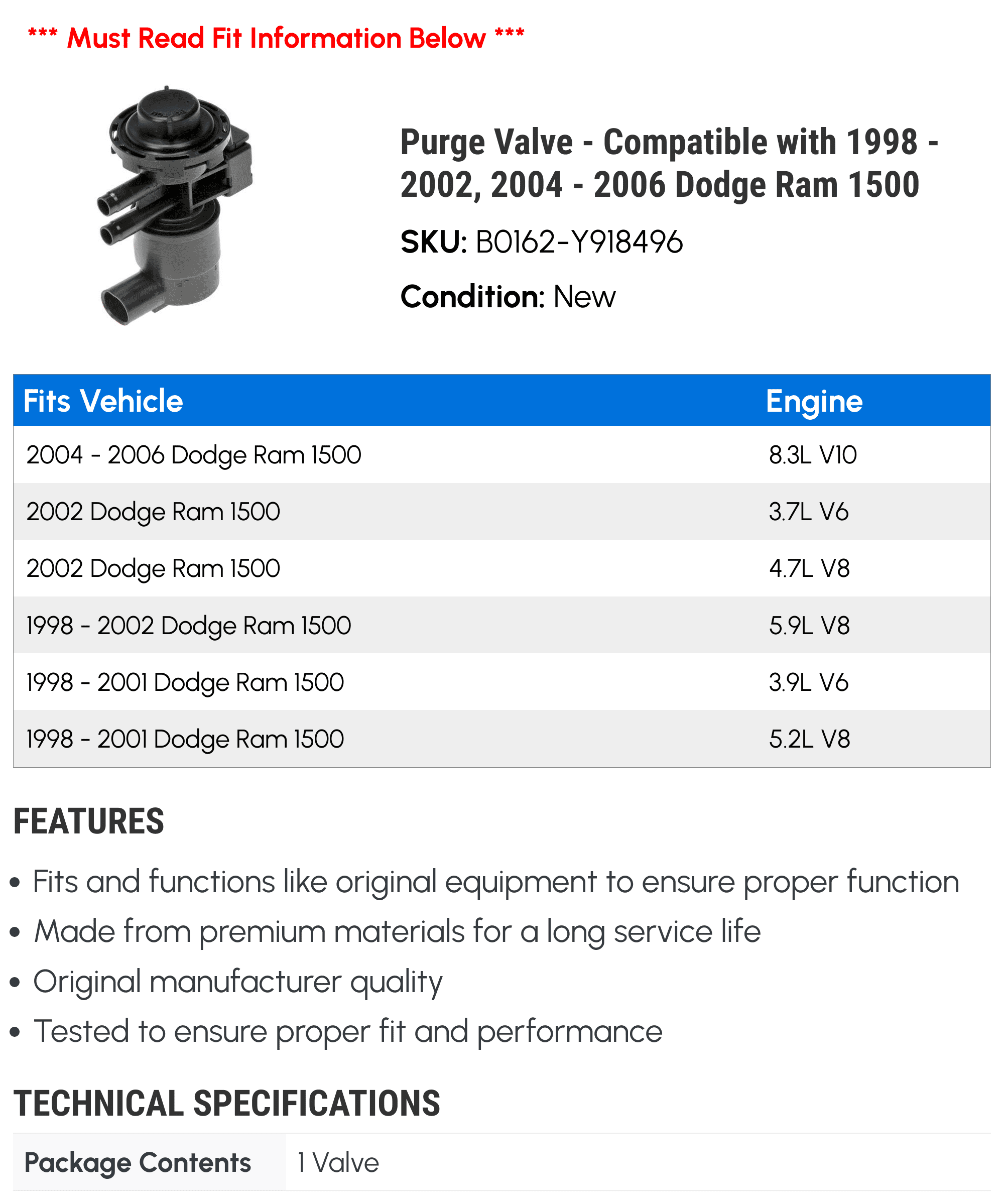 Purge Valve - Compatible with 1998 - 2002, 2004 - 2006 Dodge Ram 1500 1999 2000 2001 2005