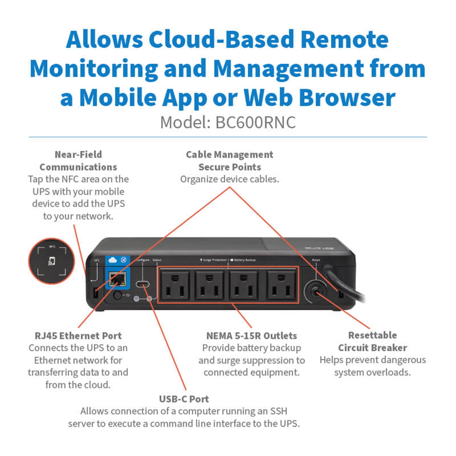 Tripp Lite by Eaton 300-Watt Standby Cloud-Connected Desktop UPS with Remote Monitoring, 4 Outlets, 5-Ft. Cord, BC600RNC