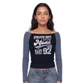 thumbnail image 4 of MUDD Junior's Long Sleeve Off the Shoulder Top - Graphic Print, Rhinestone Embellished T-Shirt for Women Sizes S-XL, 4 of 6