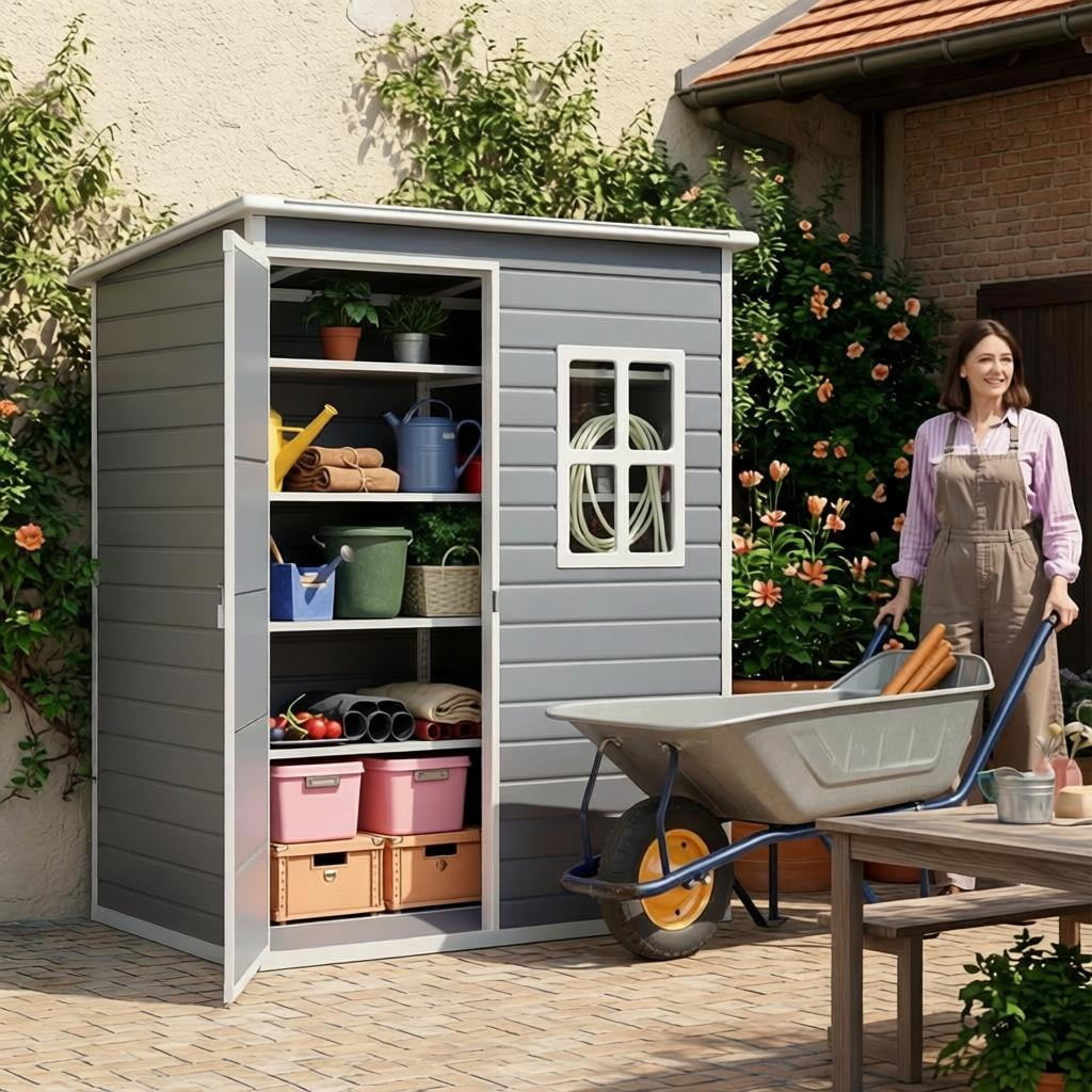 5 x 3 Ft Outdoor Storage Shed with Lockable Door, Weatherproof Resin Garden Shed with Floor & Ventilation for Patio, Lawn, Gray