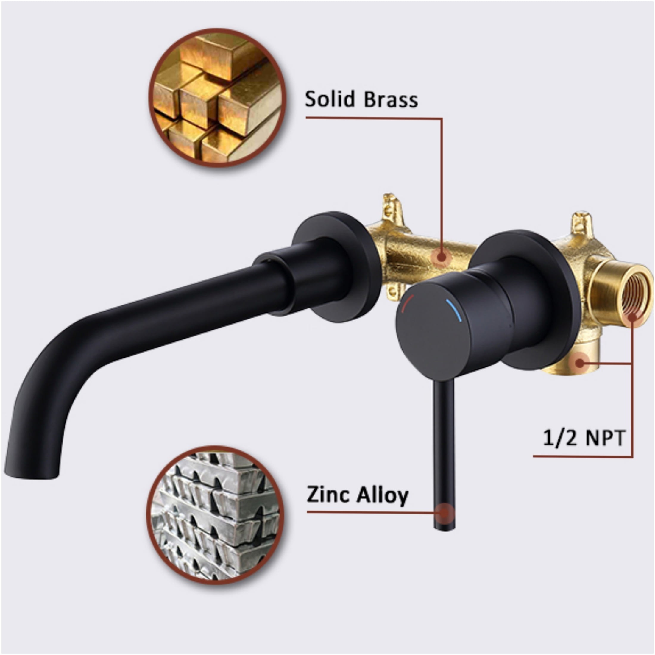 JERFIT Matte Black Wall Mount Bathroom Sink Faucet, Single Handle 2-Hole Brass Valve, Swivel Spout for Vanity or Tub