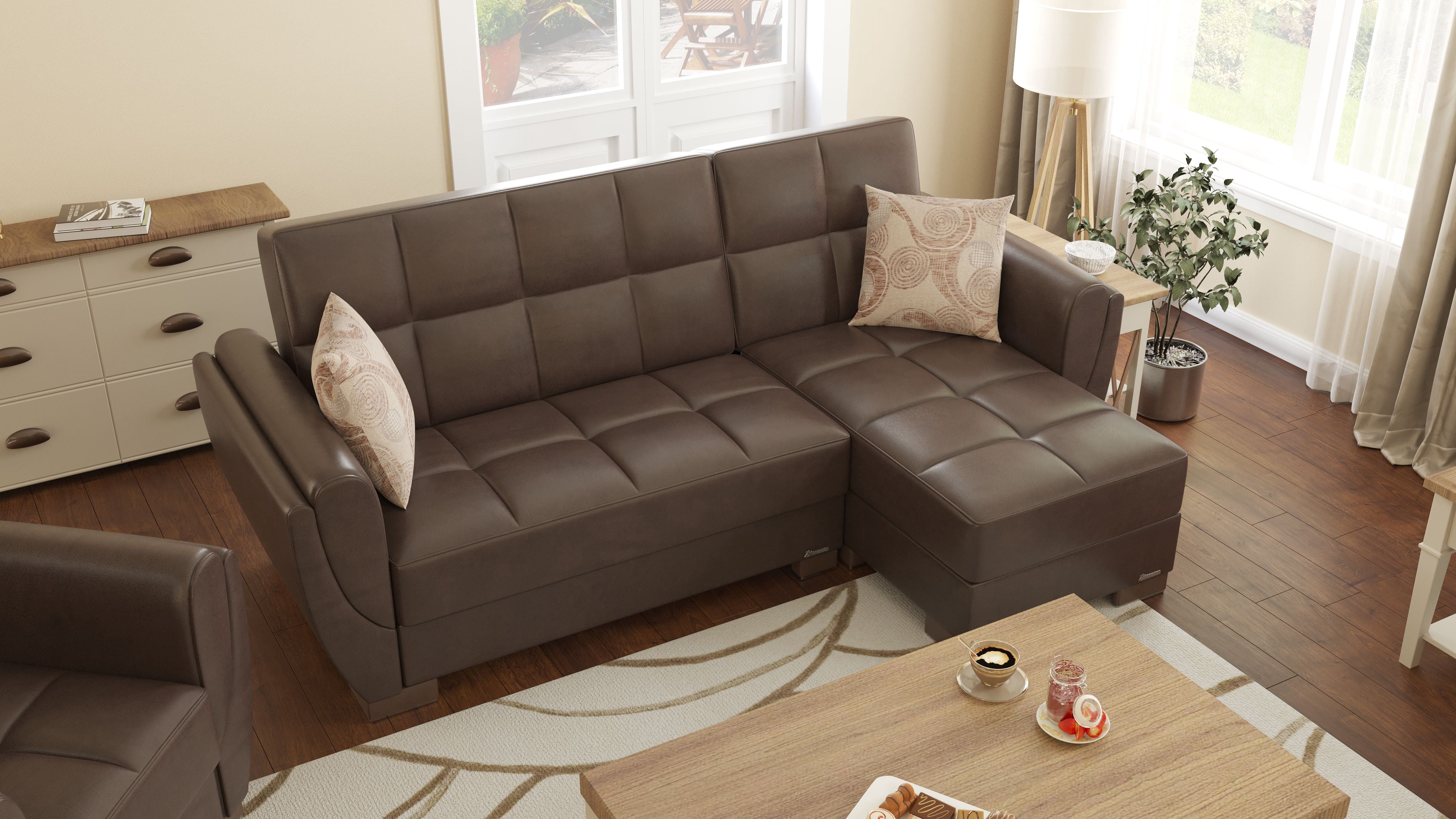 Ottomanson Origins Air Modern Convertible L-Shaped Sectional Sofa, Brown Color Leatherette