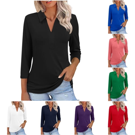 XIAONU Womens Turn Down Collar Elbow Sleeve Polo Shirt V Notch Slim Fit Casual Golf Tops Daily Work Casual Top
