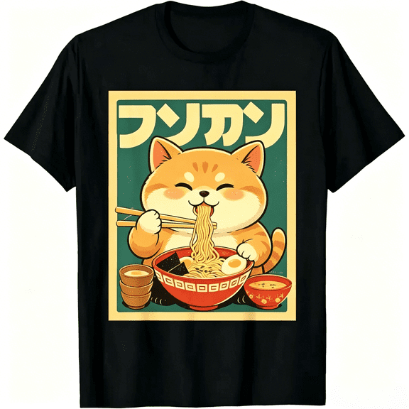 Anime Cat Ramen Japanese Funny Japanese Kawaii Cat Graphic T-Shirt short sleeve shirt Casual Short-Sleeve Men's T-Shirts men's graphic tees shirts men fashion round neck gifts for him