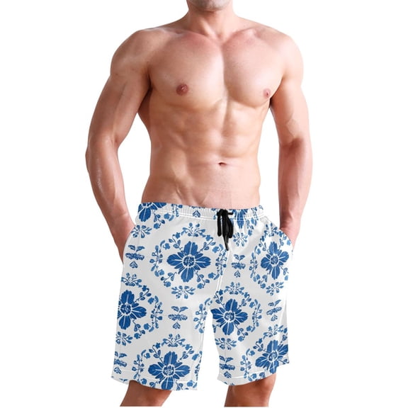 Dailycode Men's Quick Dry Swim Trunks Beach Shorts Casual Summer Board Shorts with Pockets, Indigo Damask Wallpaper Design
