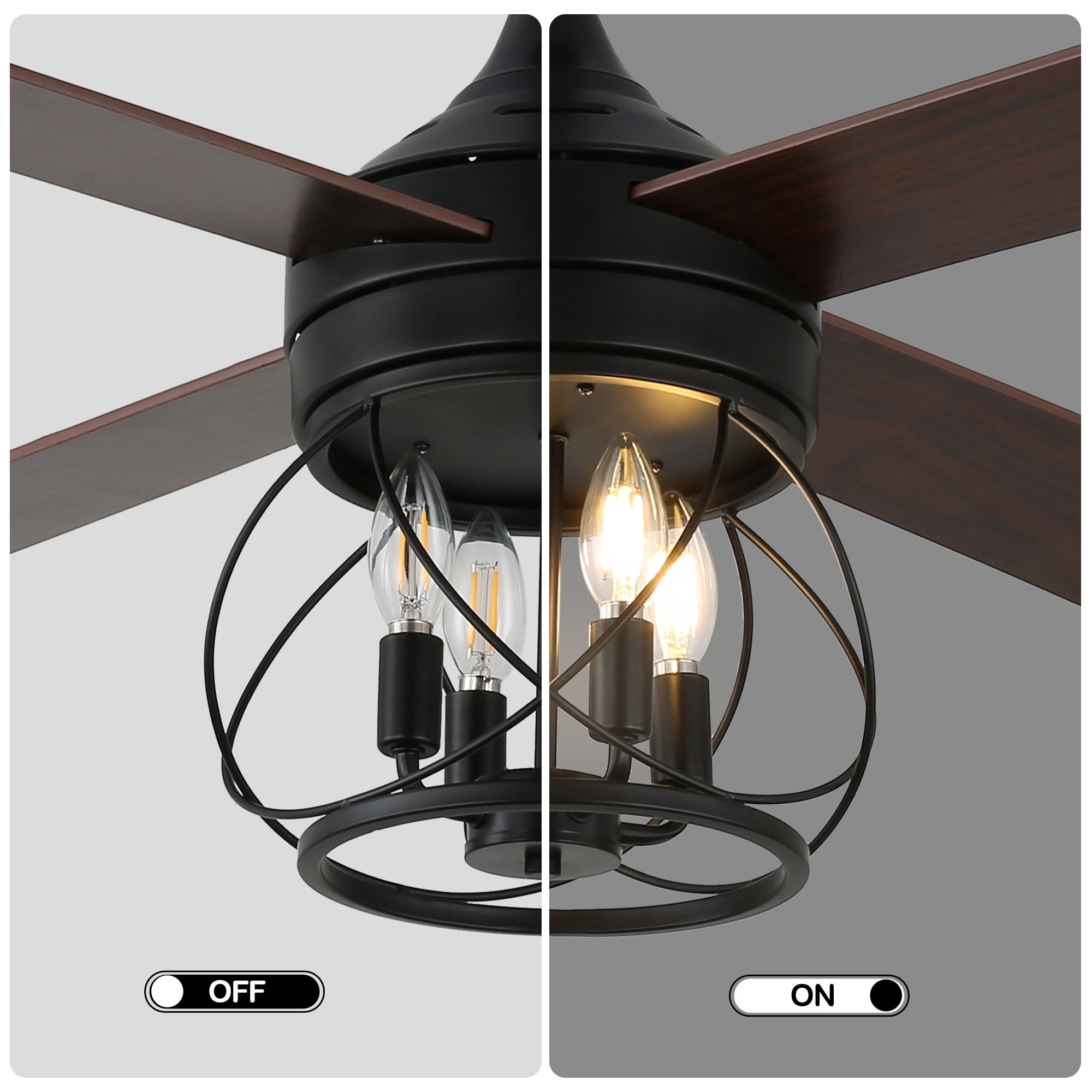 Cusp Barn 52 inch Rustic Farmhouse Caged Ceiling Fan with Remote Control, 6 Speeds Modern Black Ceiling Fan with Lights