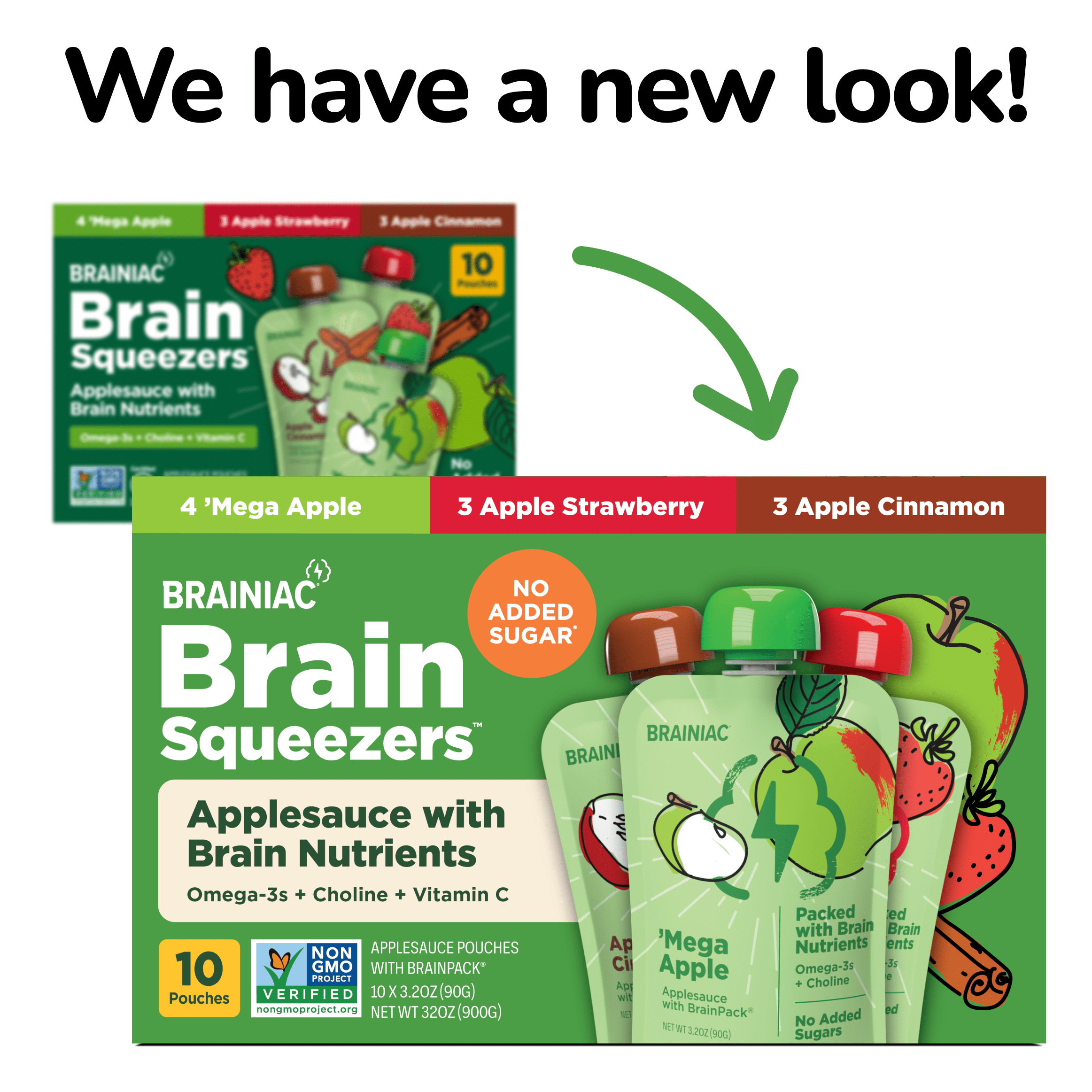 Brainiac Brain Squeezers Applesauce with Omega-3s, Variety Pack, No Sugar Added, 3.2oz, 10 Ct