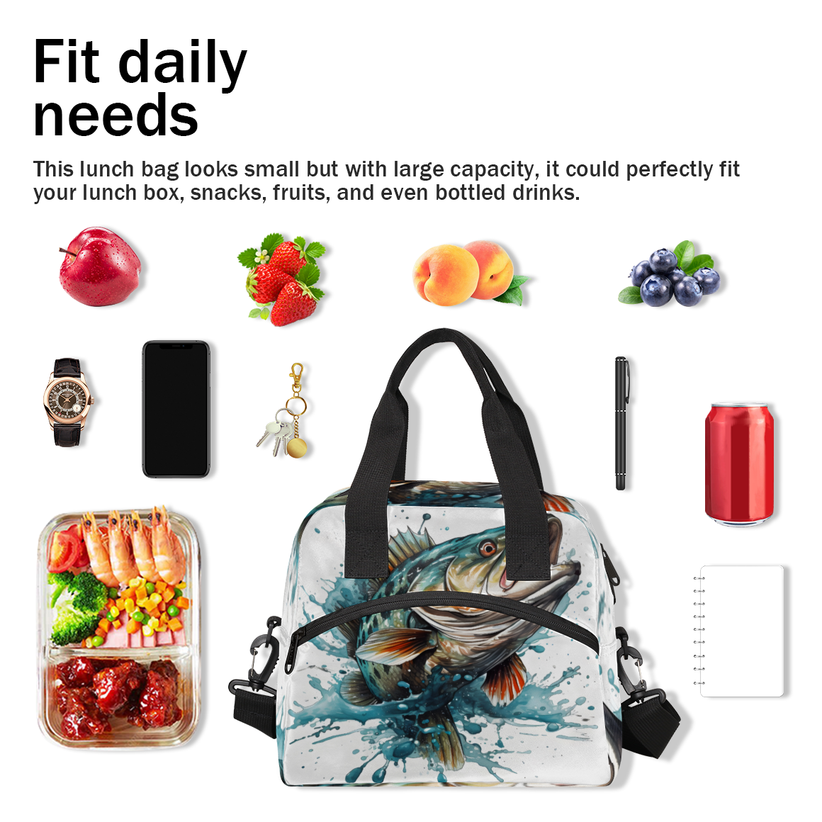 Herdesigns Funny Fish Insulated Lunch Bag for Women Men Adults Large Reusable Lunch Box Bass Fish Leakproof Cooler Tote Bags with Adjustable Shoulder Strap