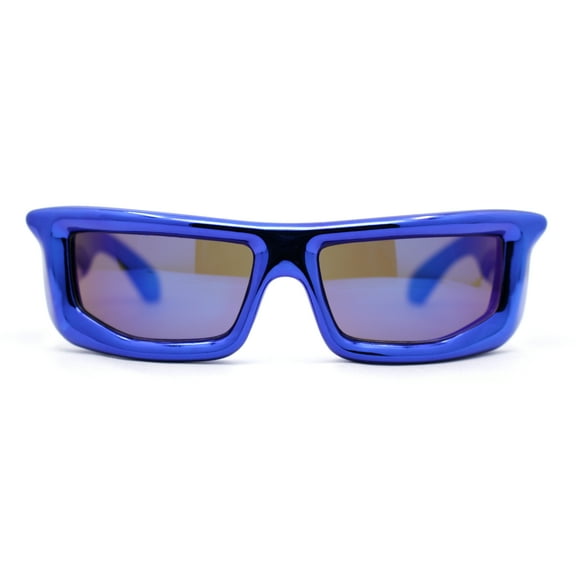 Trendy Devil Horn Thick Rectangle Plastic Flat Top Sunglasses Blue - Blue Mirror